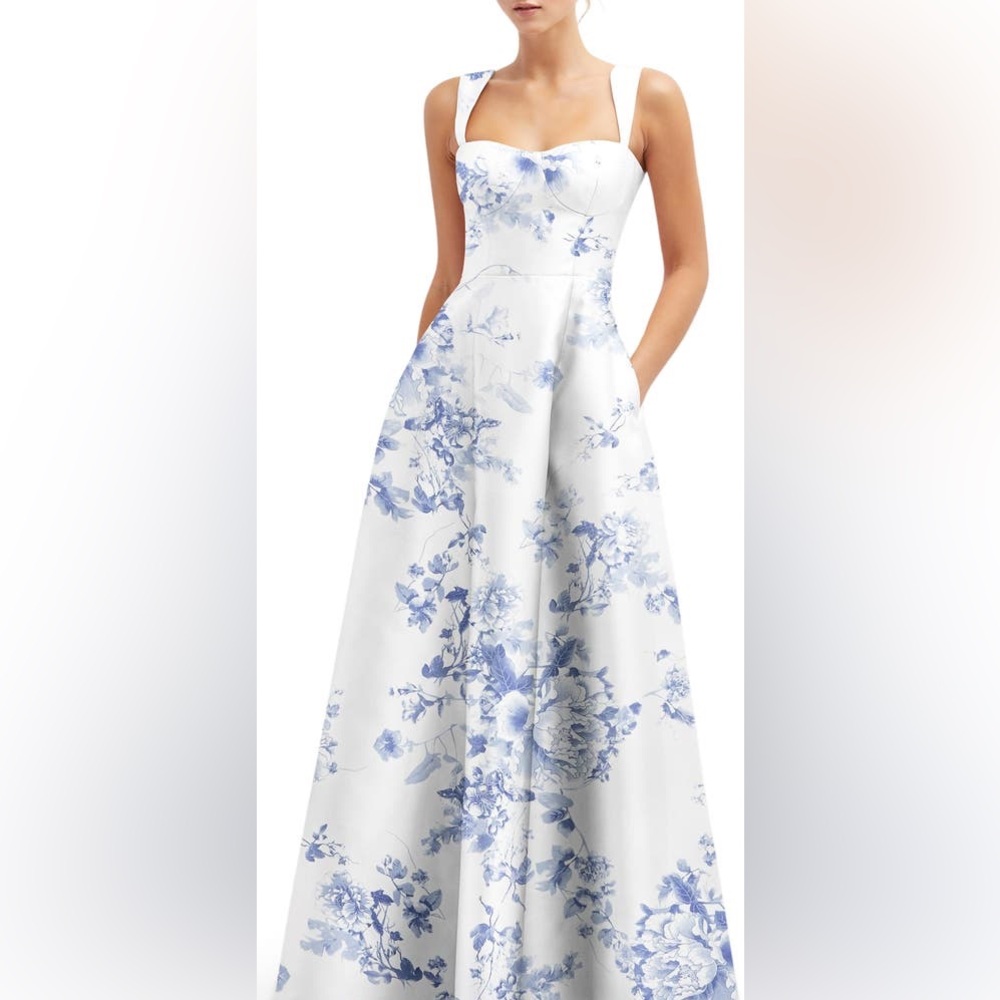 Alfred Sung Floral Lace Up A-Line Gown
